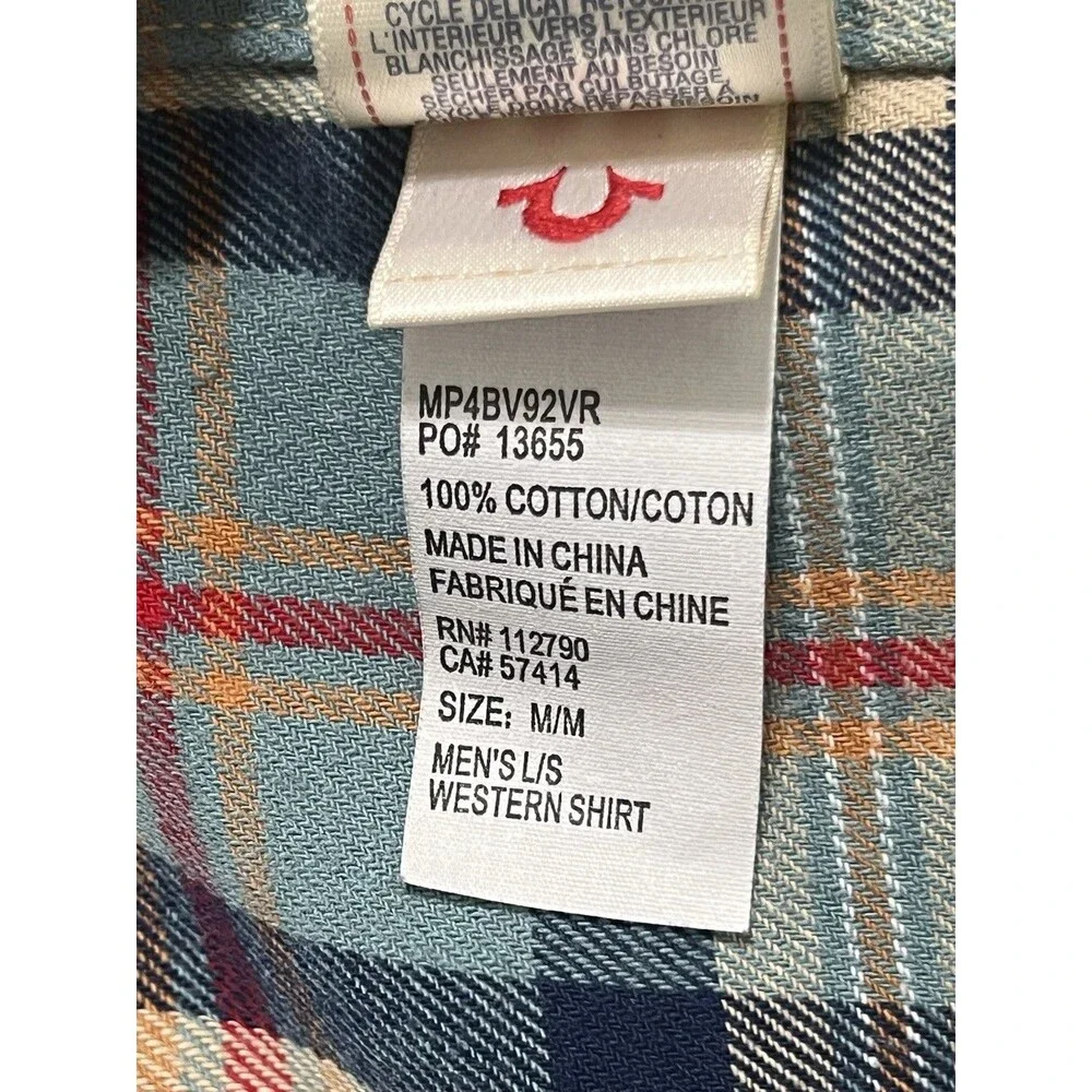 True Religion Men's Pearl Snap Flannel Shirt Plaid Med Western Wear Cotton